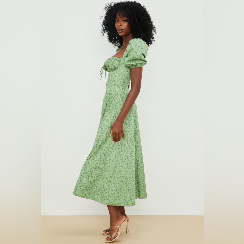 House of CB Tallulah Green Tonal Floral Puff Sleeve Midi Dress - Picture 3 of 8